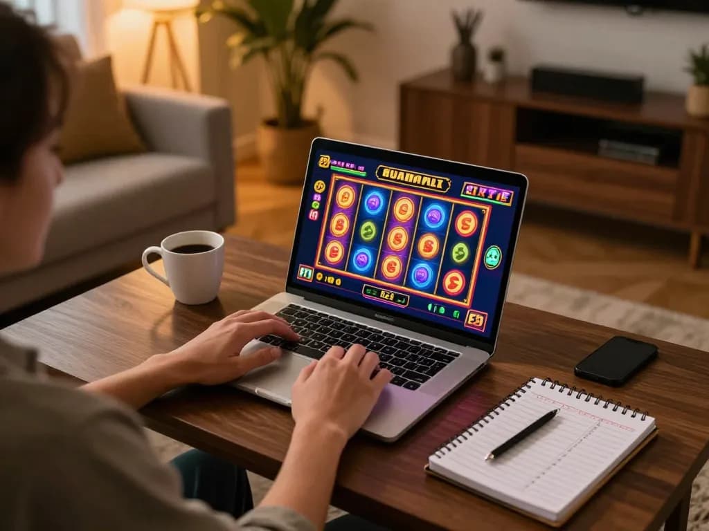 Nohu online gaming scene featuring a player engaged with a slot game, cozy home setup, and vibrant visuals
