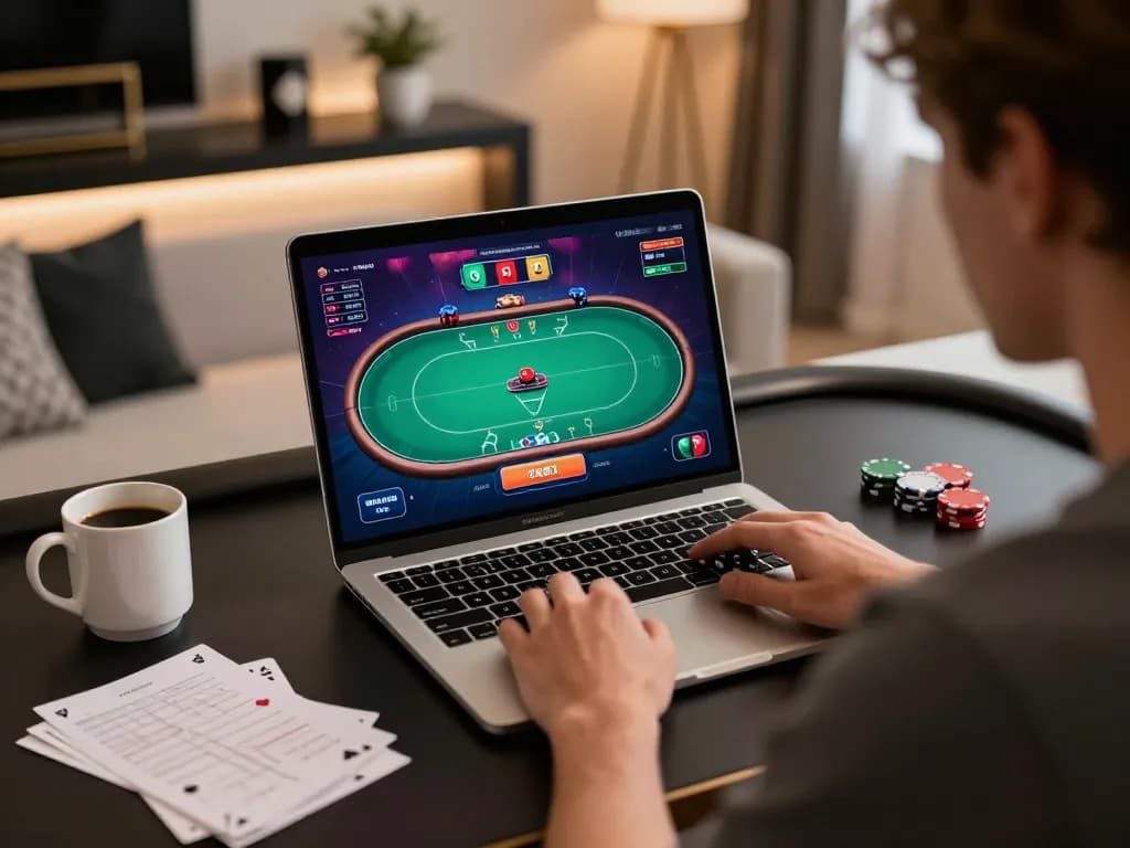 Player enjoying an online poker game at 98win with vibrant interface visible on screen.
