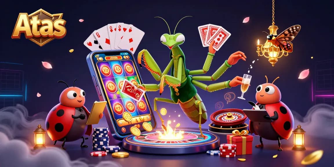 Engage with Atas casino action featuring a giant praying mantis card sharp and ladybug pit boss in a vibrant animated setting.