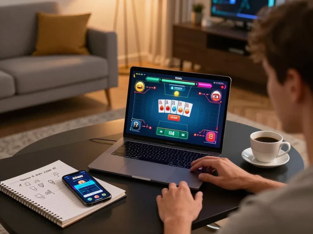 Play a thrilling game with 32win in a cozy home gaming setup featuring a laptop and strategy notes