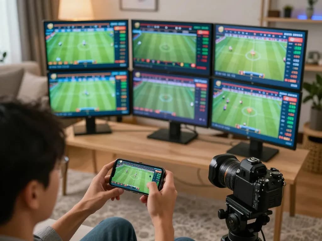 Engaging in live sports betting at home with okwintv on smartphone, vibrant screens showing odds and matches