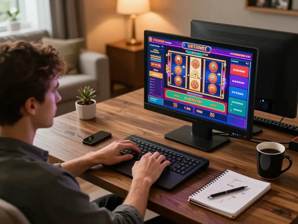 Svenska casino utan licens - Engagerad spelare som testar sin tur på online slots hemifrån, vilket visar på ansvarsfullt spelande.