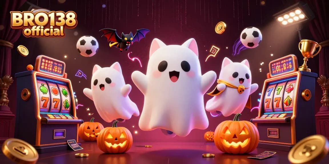 Engage with BRO138 official in a vibrant online gambling scene featuring cartoon ghost cat and poker-themed elements.