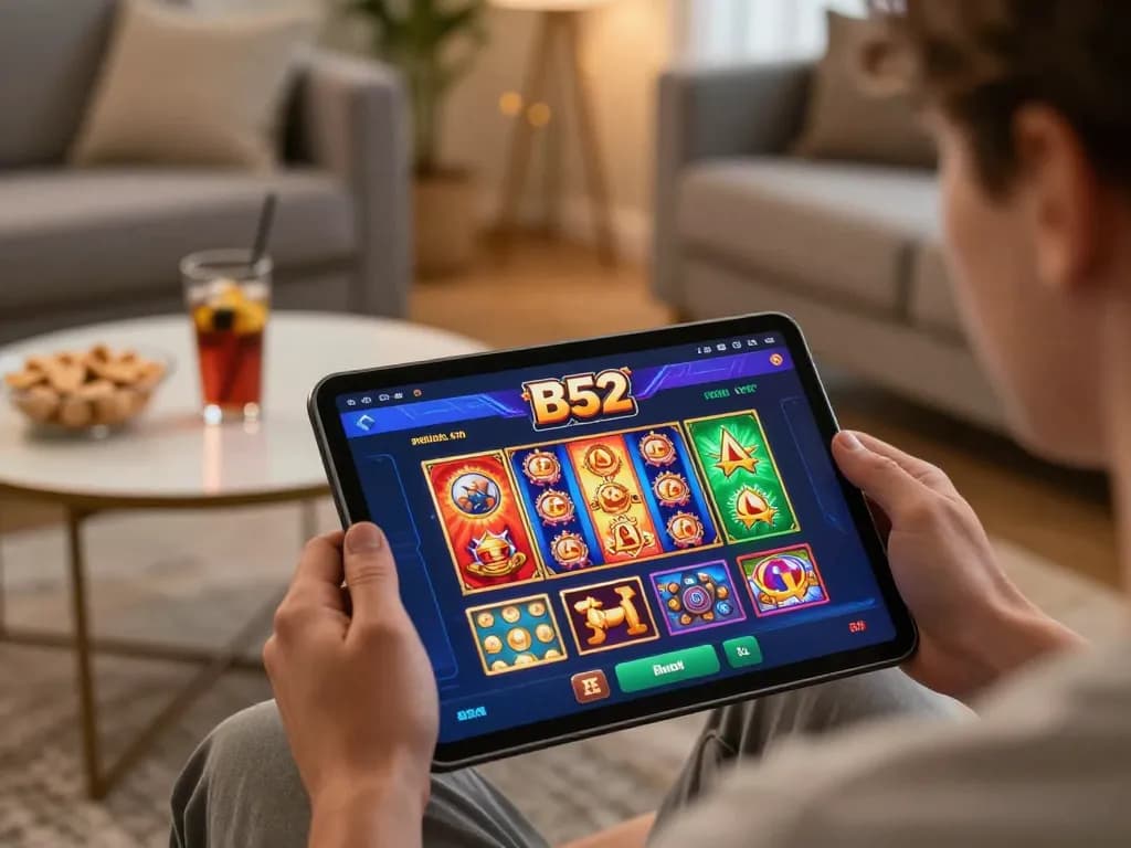 B52 gaming on a tablet in a cozy living room, emphasizing mobile gambling excitement.