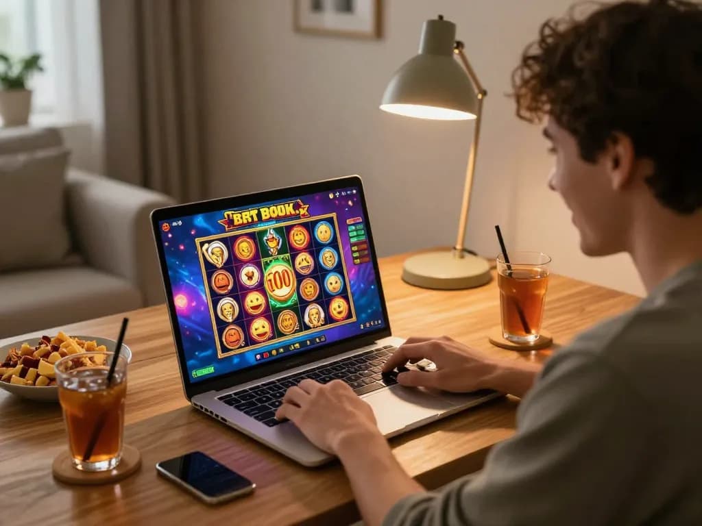 Engaging in slot kamboja bet 100 online, a player celebrates a win in a cozy gaming space