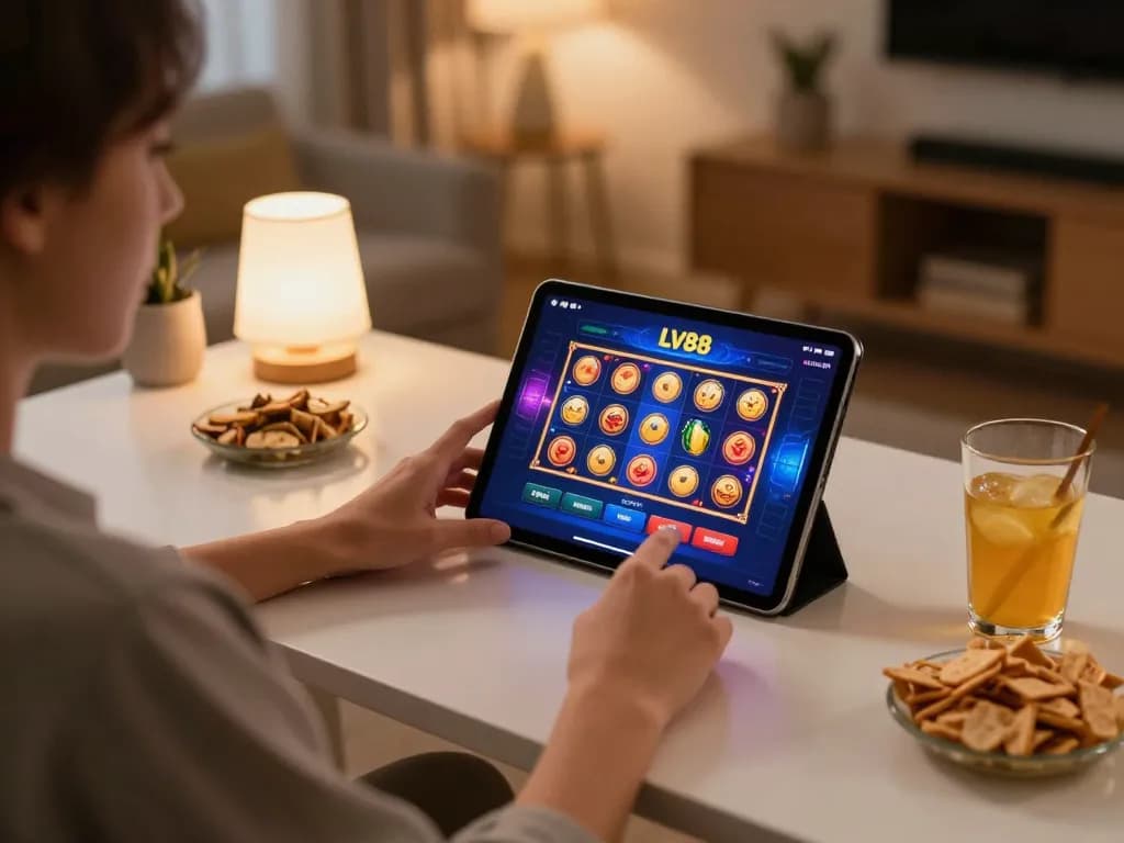 Player enjoying LV88 casino app on tablet at home, showcasing a dynamic online gambling experience.