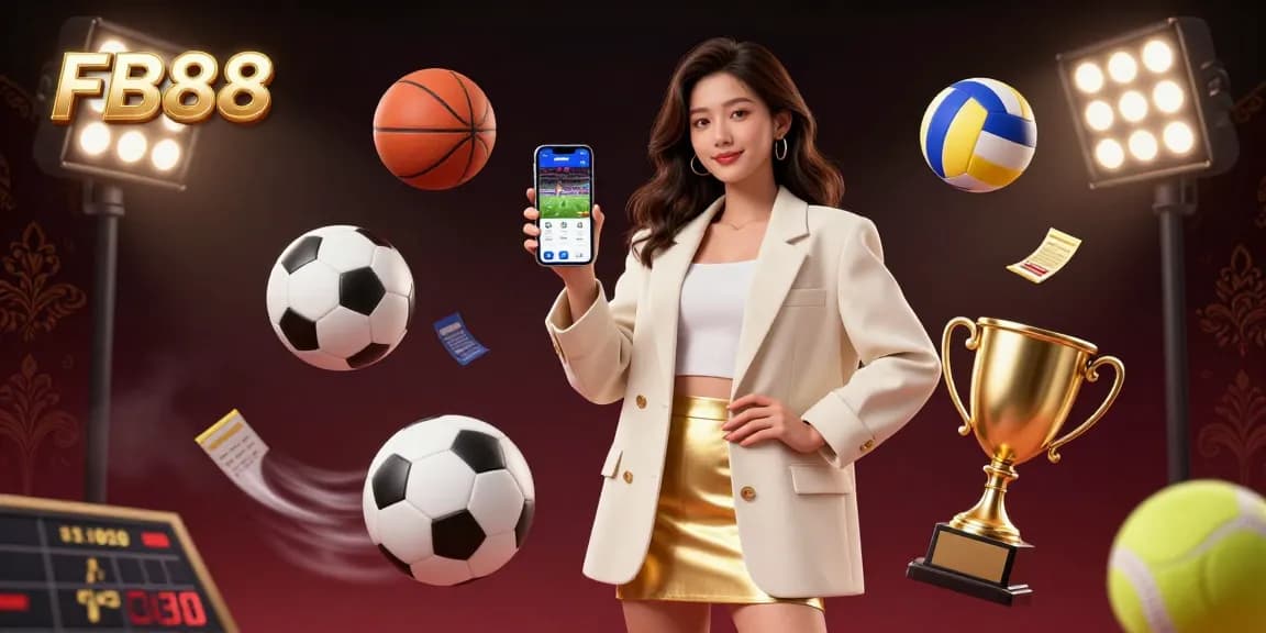 Experience sports betting with FB88 through a captivating illustration showcasing engaging casino elements and dynamic sports balls.