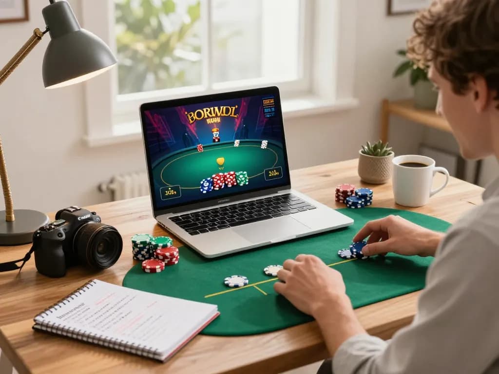 Engaged player enjoying poker on 33nn platform in stylish home setup with strategic notes.