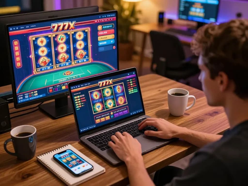 Player engaging with 777x online casino, enjoying colorful slots and live games at home