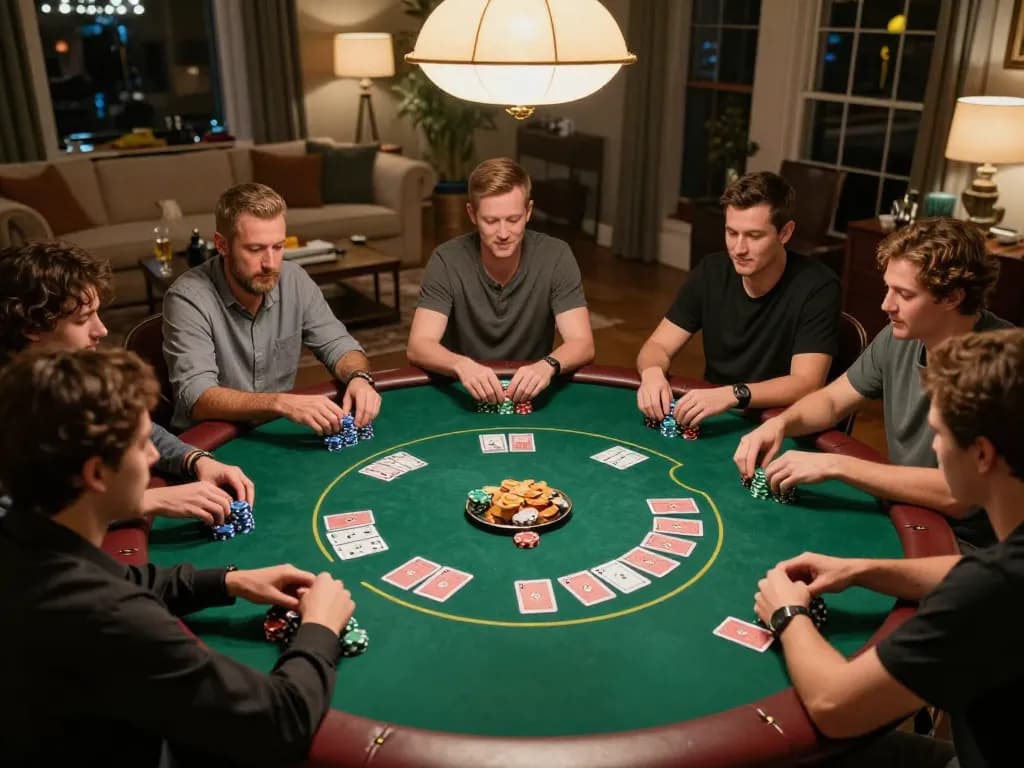 Pemain yang terlibat sedang merencanakan strategi selama permainan poker yang mendebarkan di sebuah acara kumpul-kumpul di rumah.