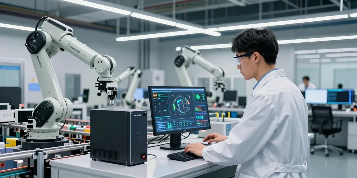 Engineer using NAGA2000 in a high-tech manufacturing facility, showcasing automation and efficiency.