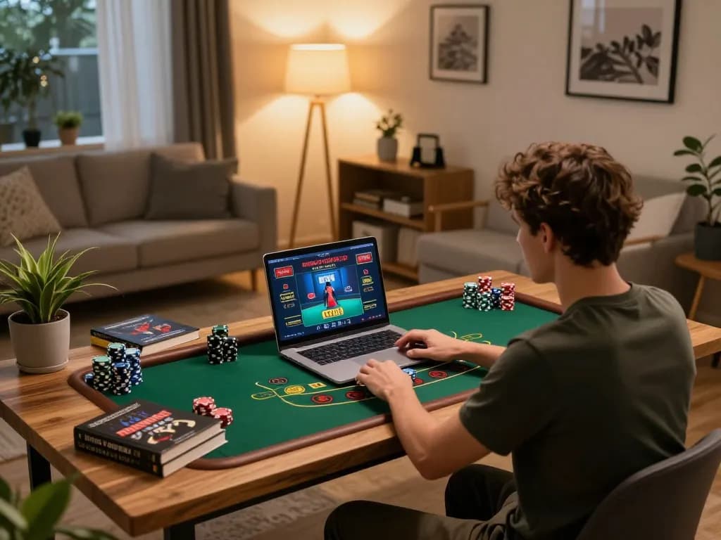 Kuwin player enjoying live dealer blackjack at home, showcasing online casino gaming experience.