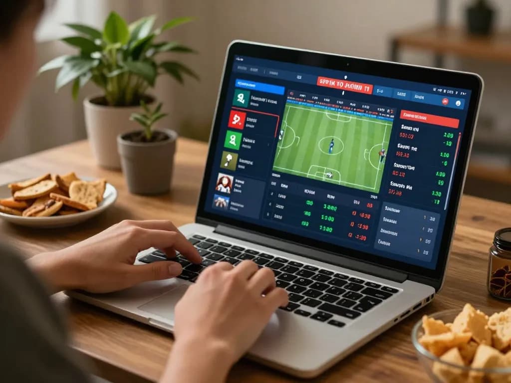 Xoilac user placing strategic bets on sports through a laptop in a cozy home setting.