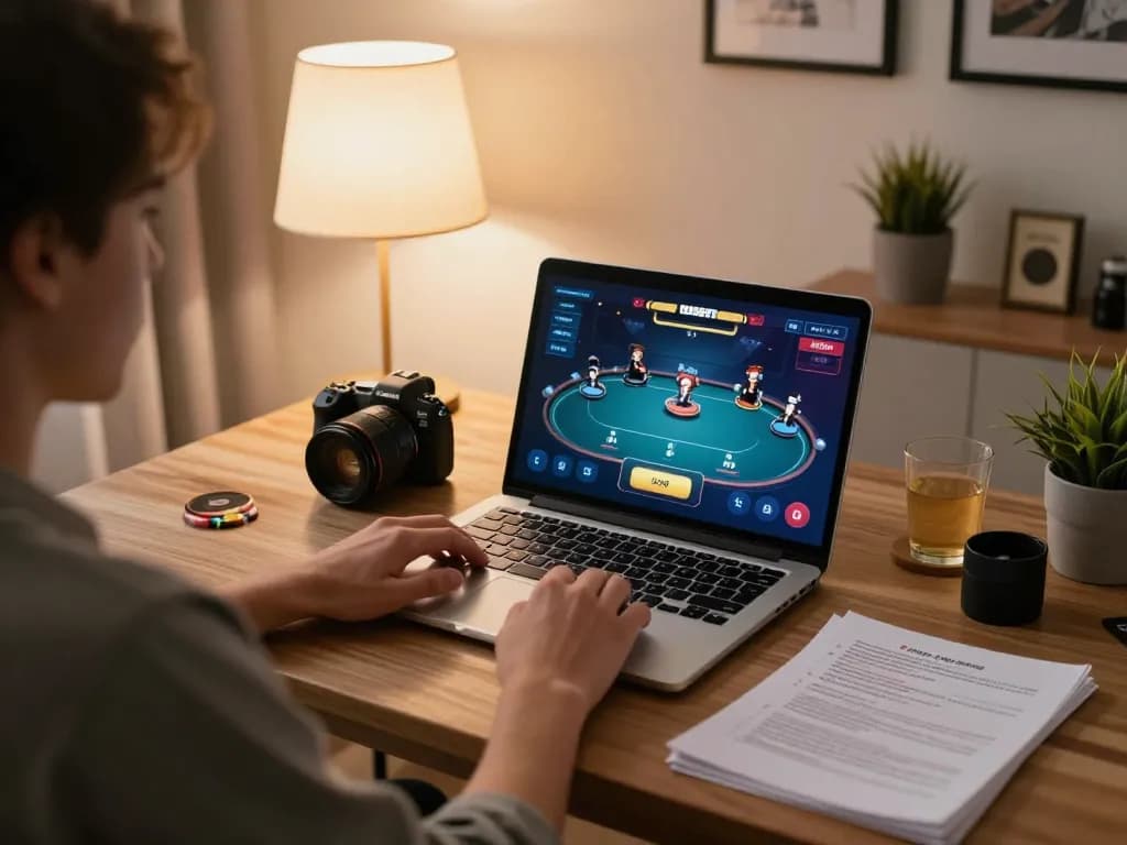 w188 player enjoying online casino gaming at home with strategic notes and cozy ambiance.