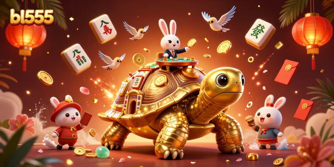 Engage with exciting games at BL555, featuring a cartoon tortoise, vibrant decorations, and thrilling atmosphere.