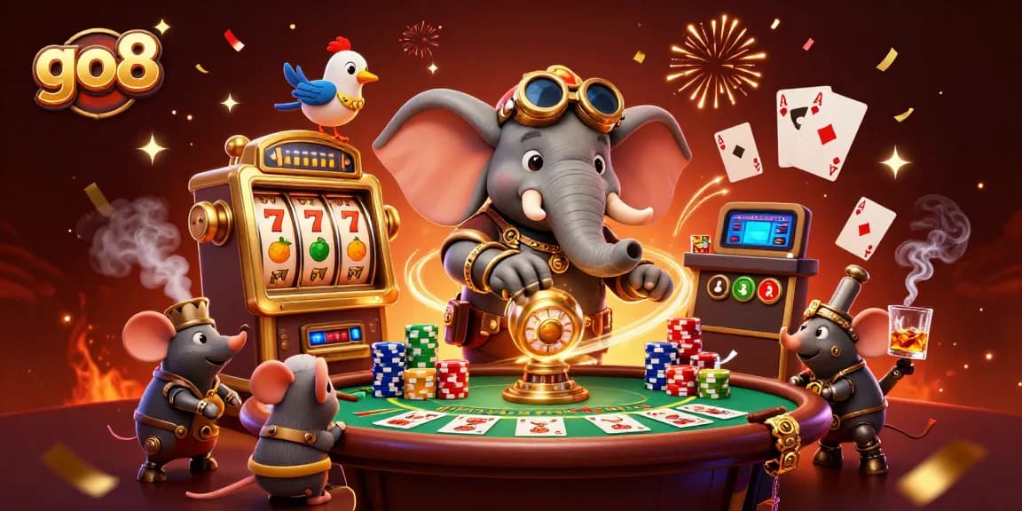 Engage in thrilling gaming with go8's vibrant slot machine powered by a steampunk elephant.