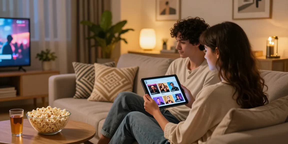 Couple enjoying سكس عرب content on tablets in a cozy living room with soft lighting and modern decor.