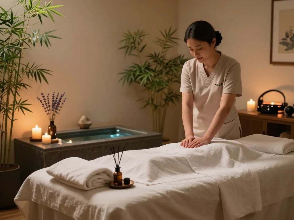 Relaxing 부전동마사지 therapy room with soft lighting and calming plants, perfect for stress relief.