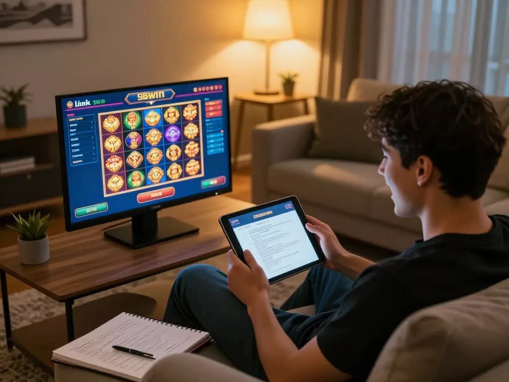 Player exploring online games using link 98win on a tablet in a cozy home setting.