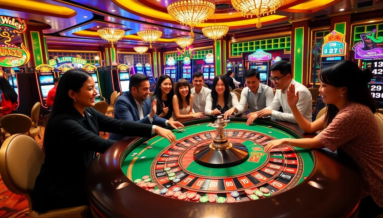 Gamblers celebrating a win at a casino table featuring link slot pulsa prominently integrated into a modern gaming experience.