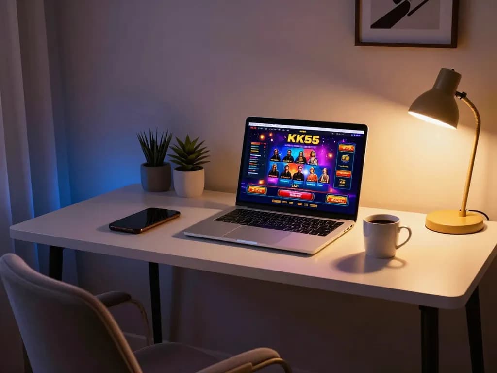 Engaging online casino experience with KK55 on laptop showing live dealer games at home.