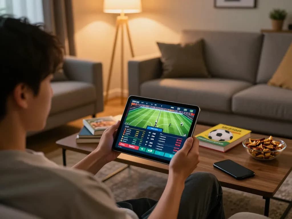 Okwintv user engaging in live sports betting on a tablet at home, showcasing dynamic gaming experience.