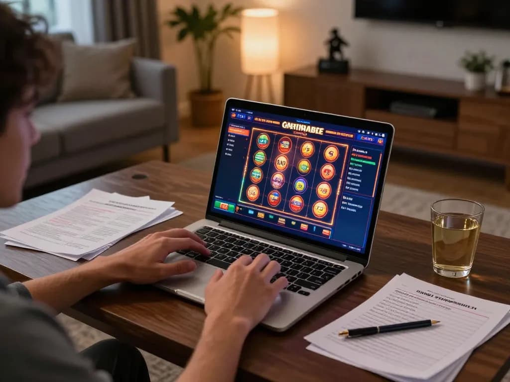 Engaging gameplay at winstrike69 online casino on a laptop, showcasing vibrant slot game interface.