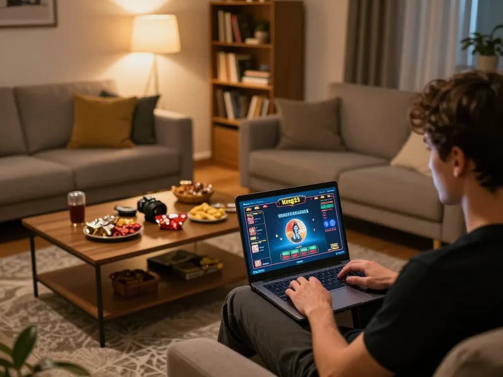 Player enjoying an exciting gaming session on king33, engaging with friends in a cozy home setup.