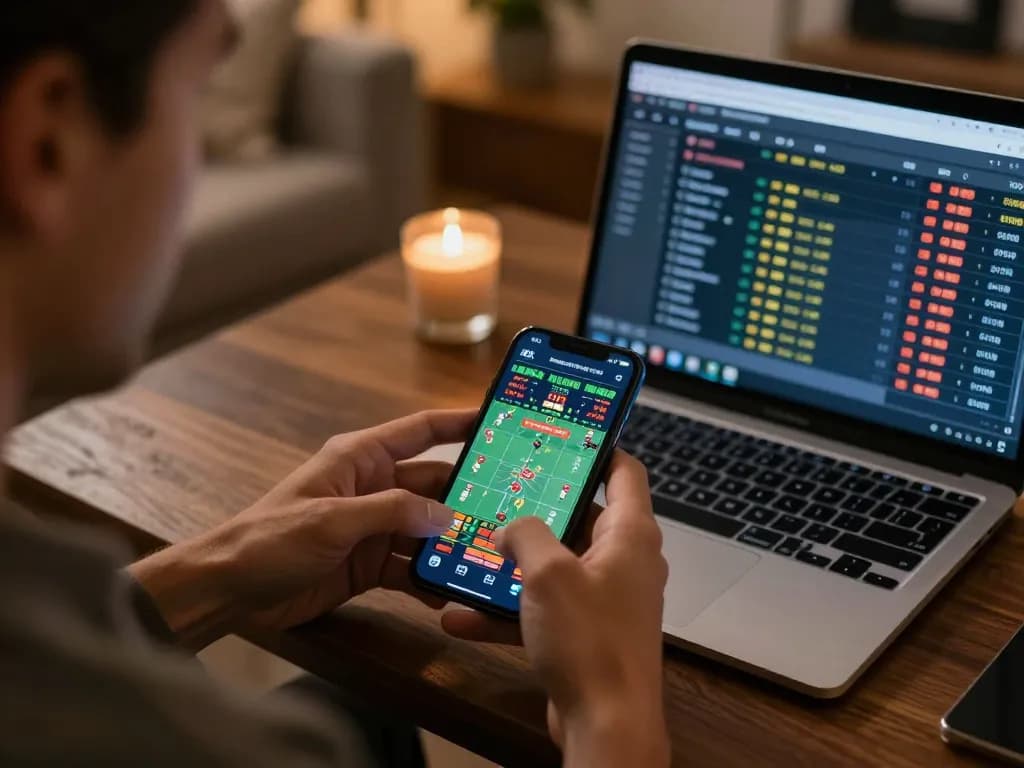 Placing live bets on https://mb66ax.com/ with smartphone in a focused sports betting atmosphere