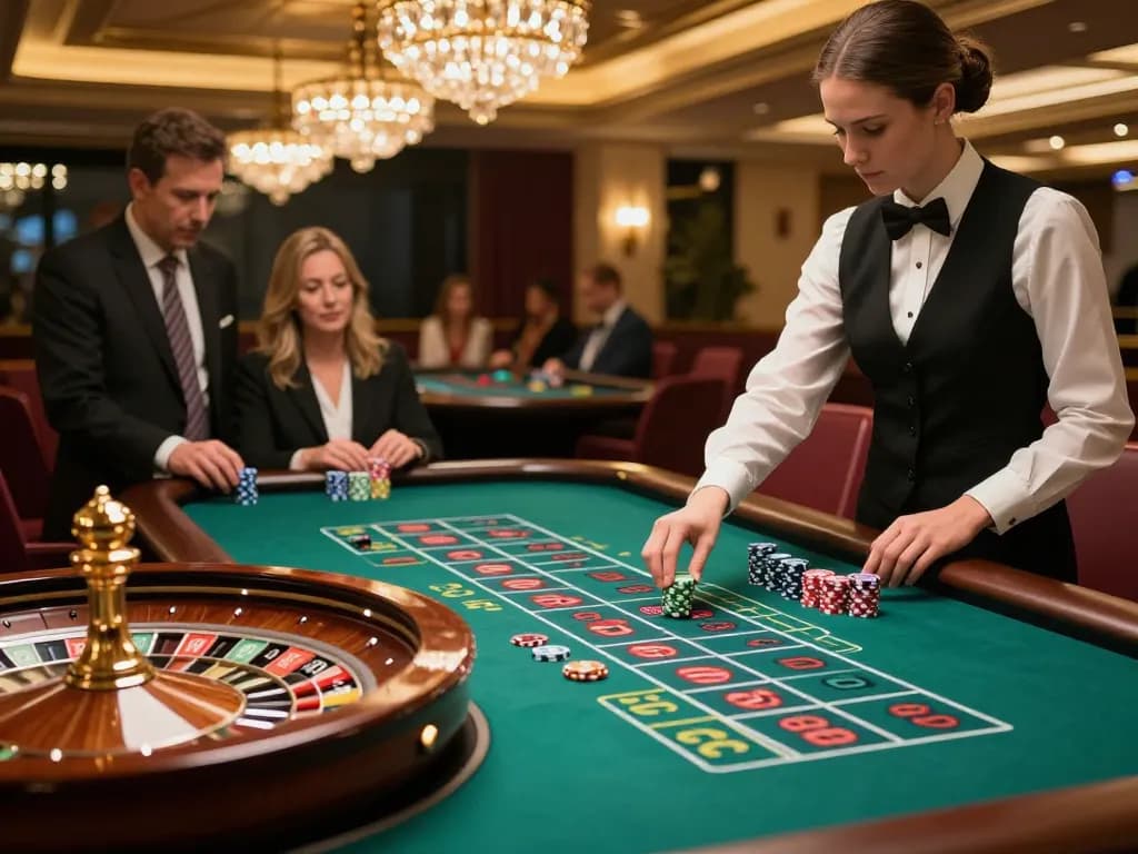 Quay bánh xe roulette tại các bàn casino sang trọng của Luckywin với những người chơi sôi động và không khí ấm áp.
