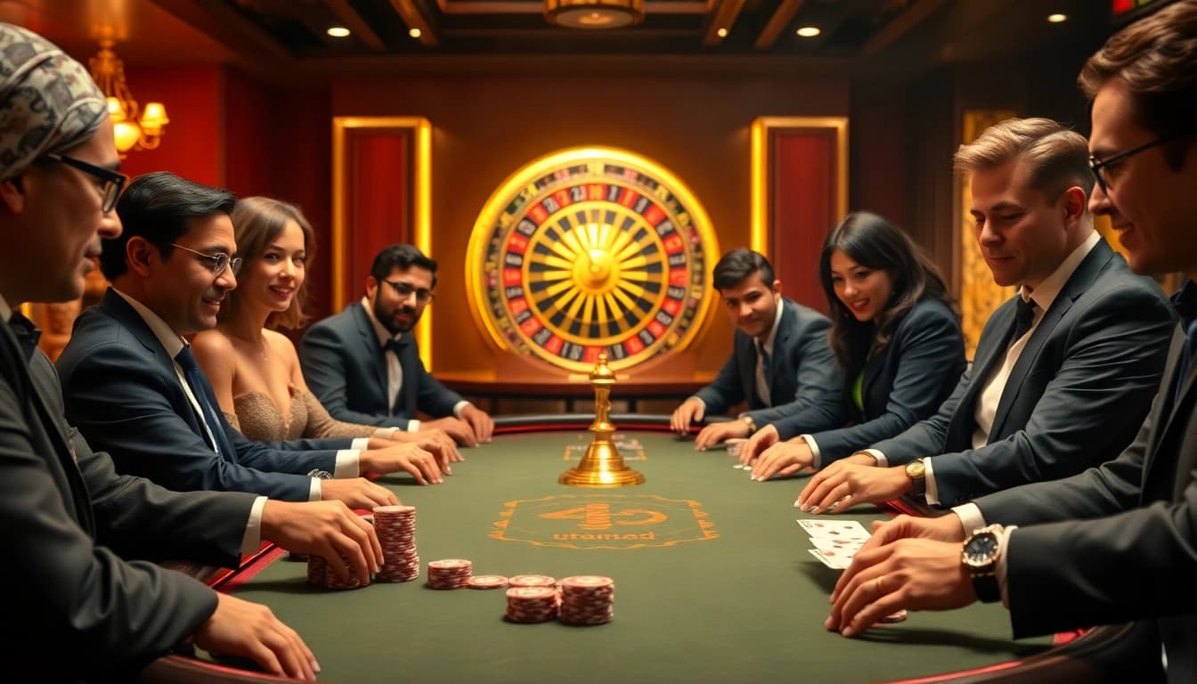 Aksi poker taruhan tinggi di meja kasino mewah yang menampilkan branding Utama4D, dengan para pemain terlibat dalam suasana ketegangan.