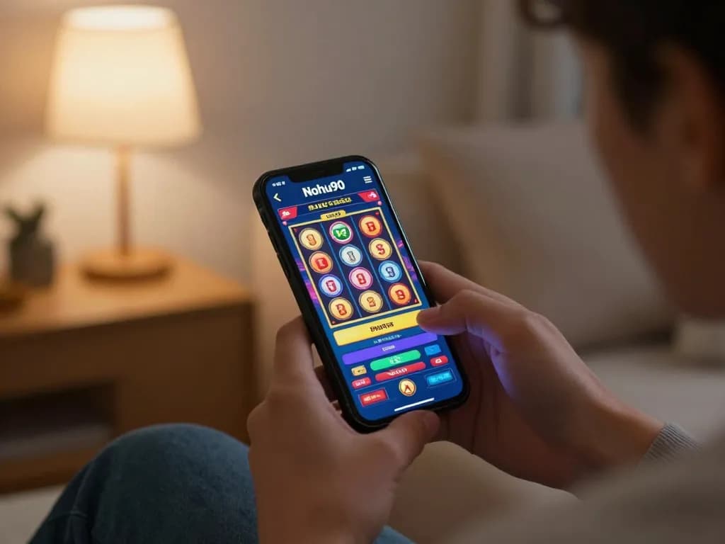 Player enjoying Nohu90 slot game on smartphone in inviting home environment