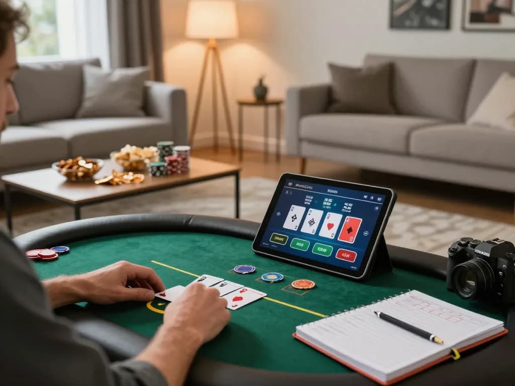 Player enjoying online poker on bk8 in a cozy home setting with strategies noted.