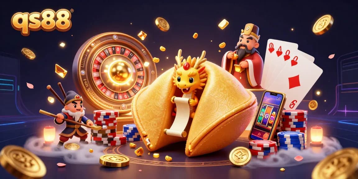 Engage with qs88 offerings featuring a golden fortune cookie and dynamic casino elements.