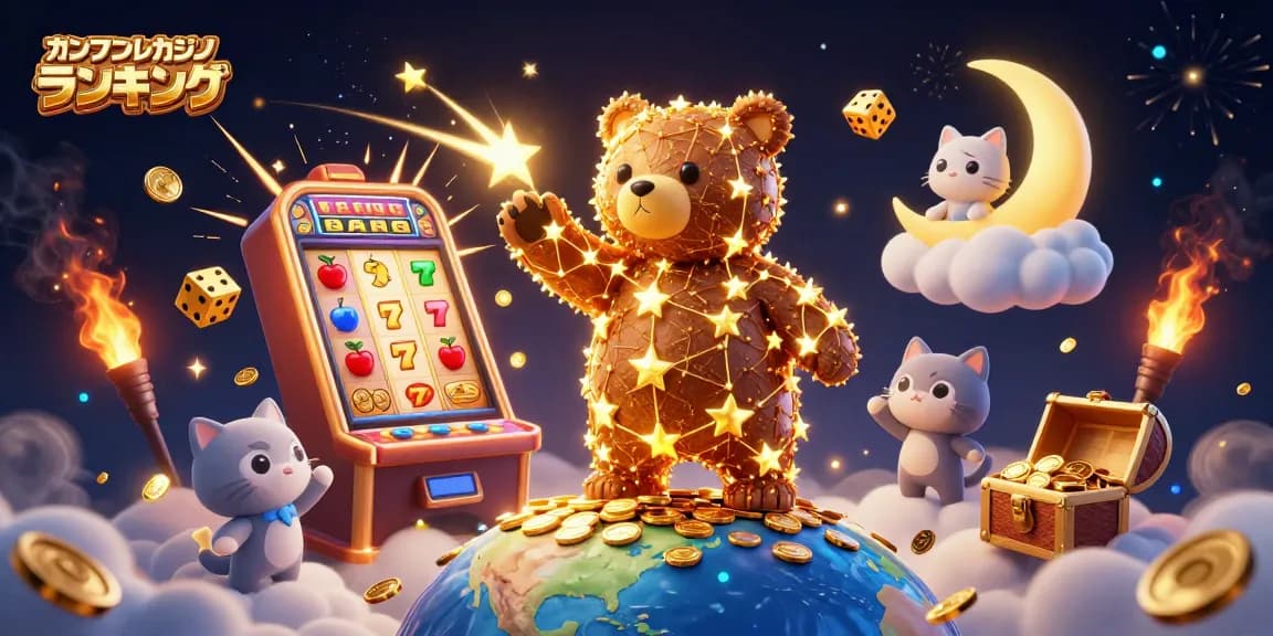 オンラインカジノランキングを表す3Dイラスト、スロットマシンとコインが溢れるシーン