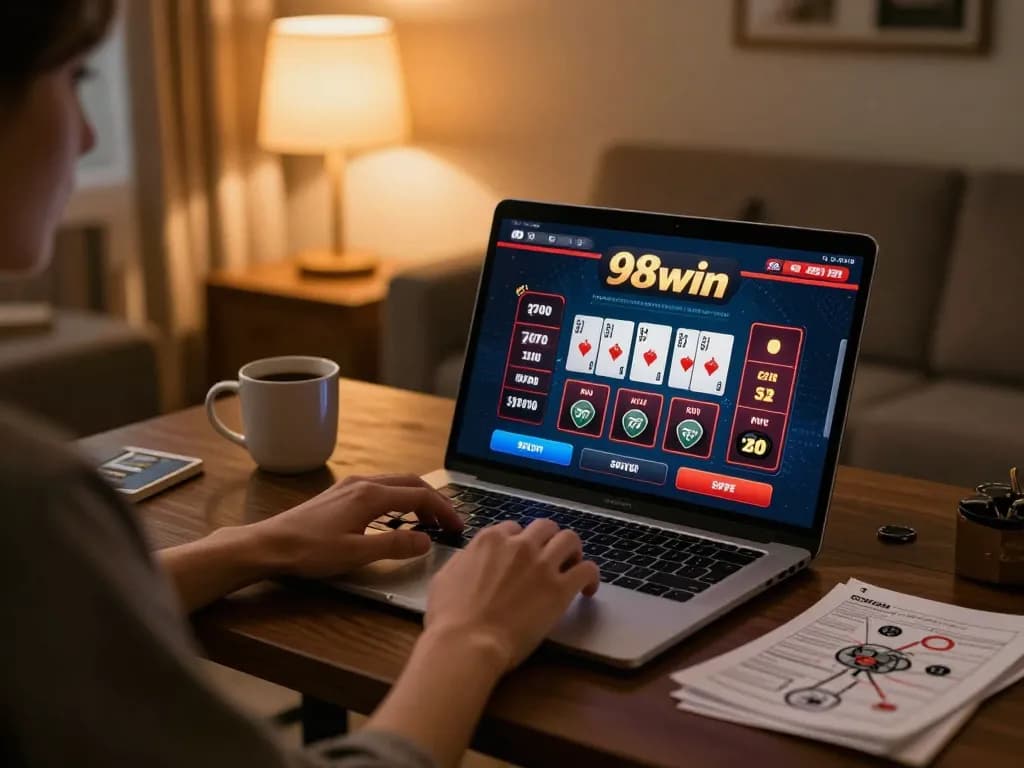 Player engaging in a strategic poker game on 98win platform at home, showcasing online gambling atmosphere.