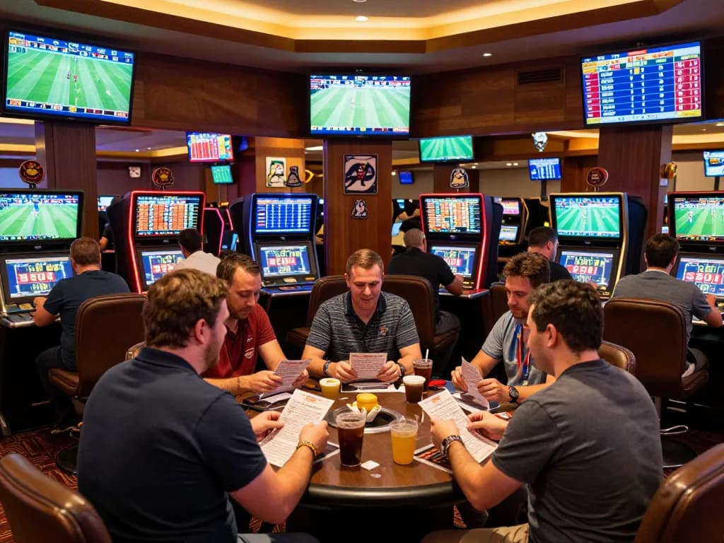 Engaged bettors using Red88 to place sports bets in an energetic casino environment