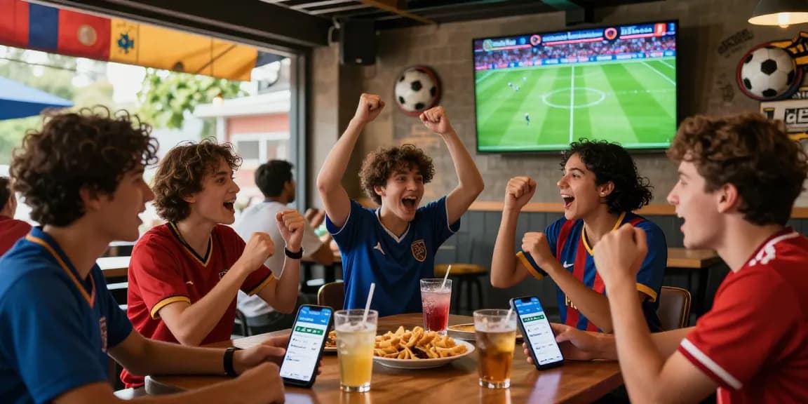 Agen Parlay Idngoal scene with friends cheering at a sports bar, engaging in live football betting.