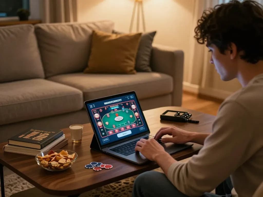 Pengguna Tupaiwin terlibat dalam permainan poker online di sofa ruang tamu yang nyaman