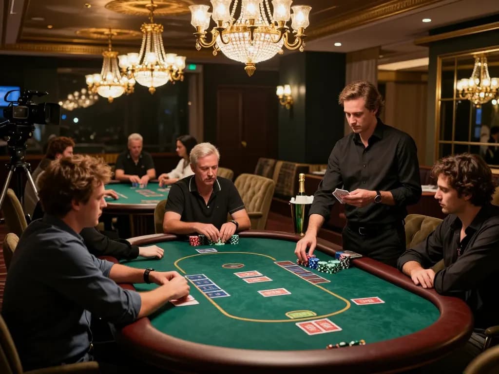 VIPWIN poker action in an upscale gaming area with focused players and champagne service.