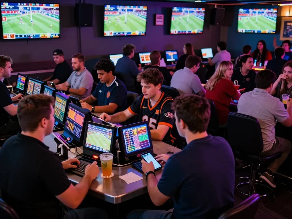 Sunwin enthusiasts placing bets in a lively sports betting lounge with live games displayed
