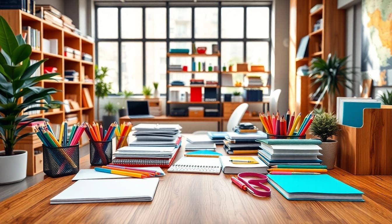 Shop vibrant stationery supplies UK, featuring organized workspace essentials like colorful pens and notebooks.