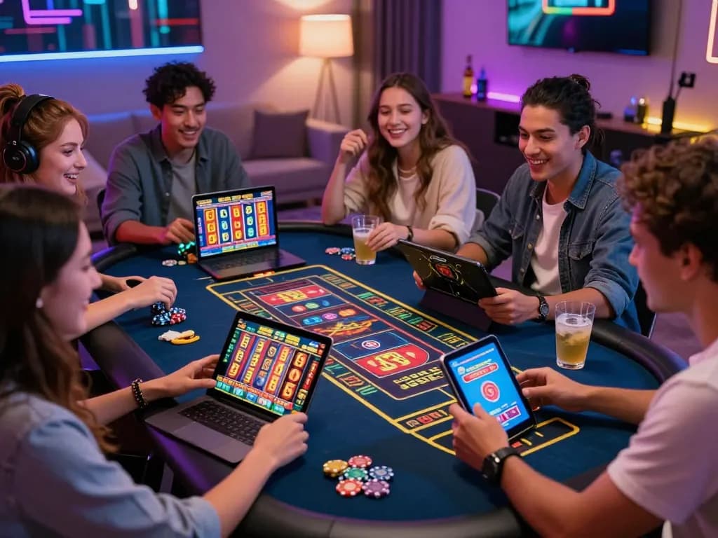 Engaging friends enjoying link gacor online slot games in a cozy atmosphere.