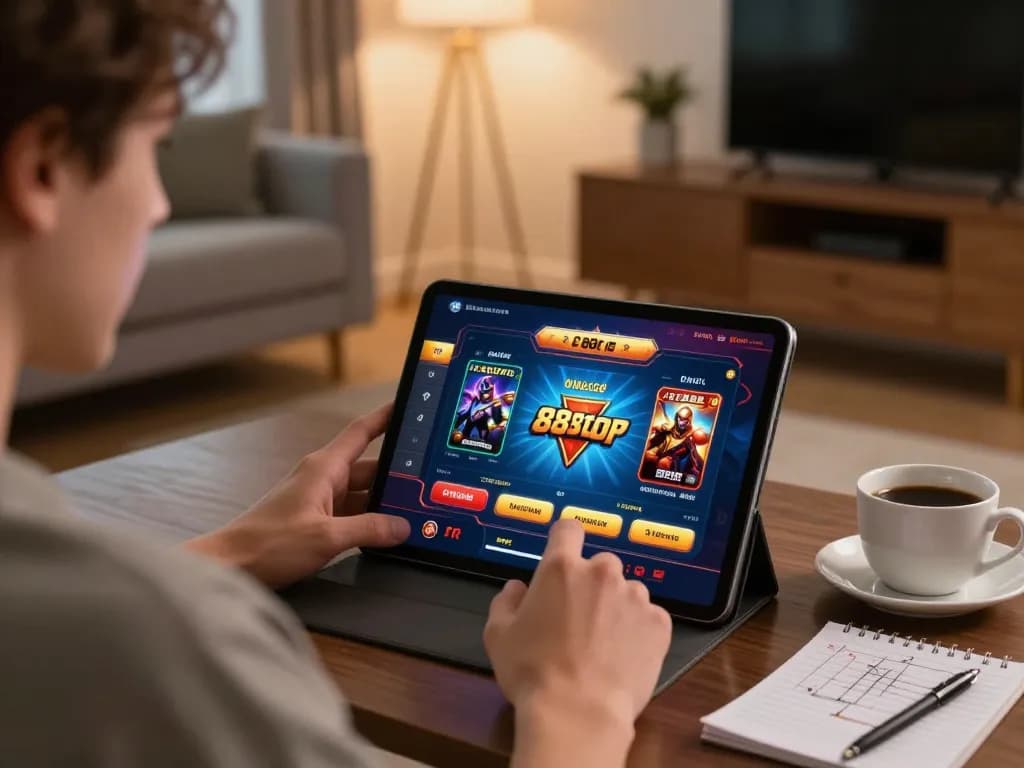 Engaging gameplay on 888top during a cozy home gaming session with tablet and strategy notes.