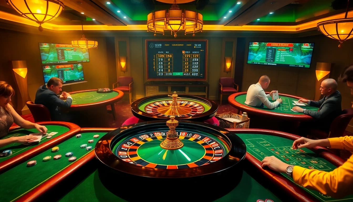 Players engage in dynamic gambling action at a FUN88 casino table showcasing poker chips and a roulette wheel.