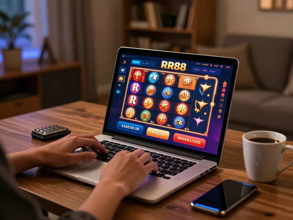 Engaging online gaming experience with RR88 slot games on a laptop in a cozy home setting