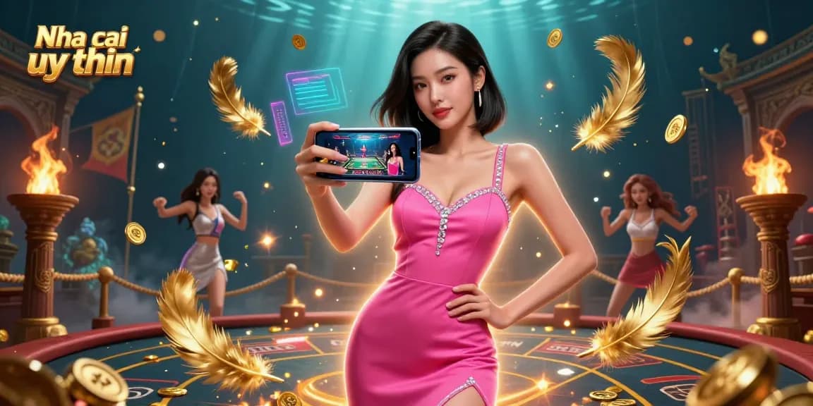 Nha cai uy tin showcases confident woman playing live dealer games on her phone amidst a dynamic casino atmosphere.