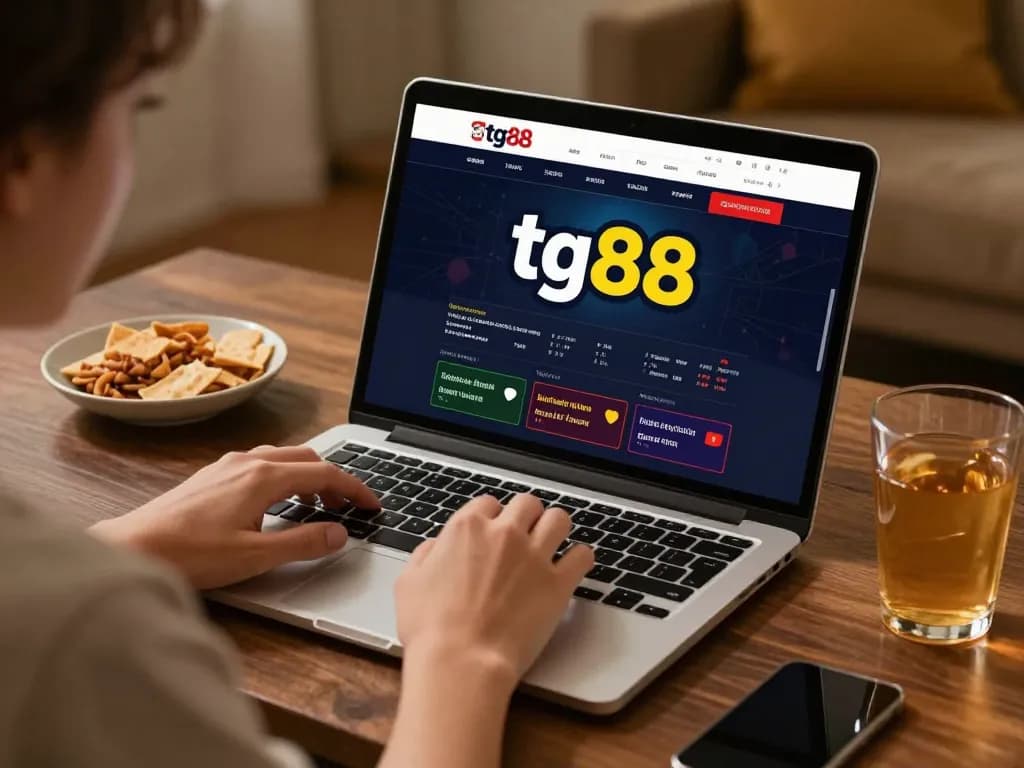Player exploring tg88 casino app on laptop while analyzing game strategies in cozy home environment