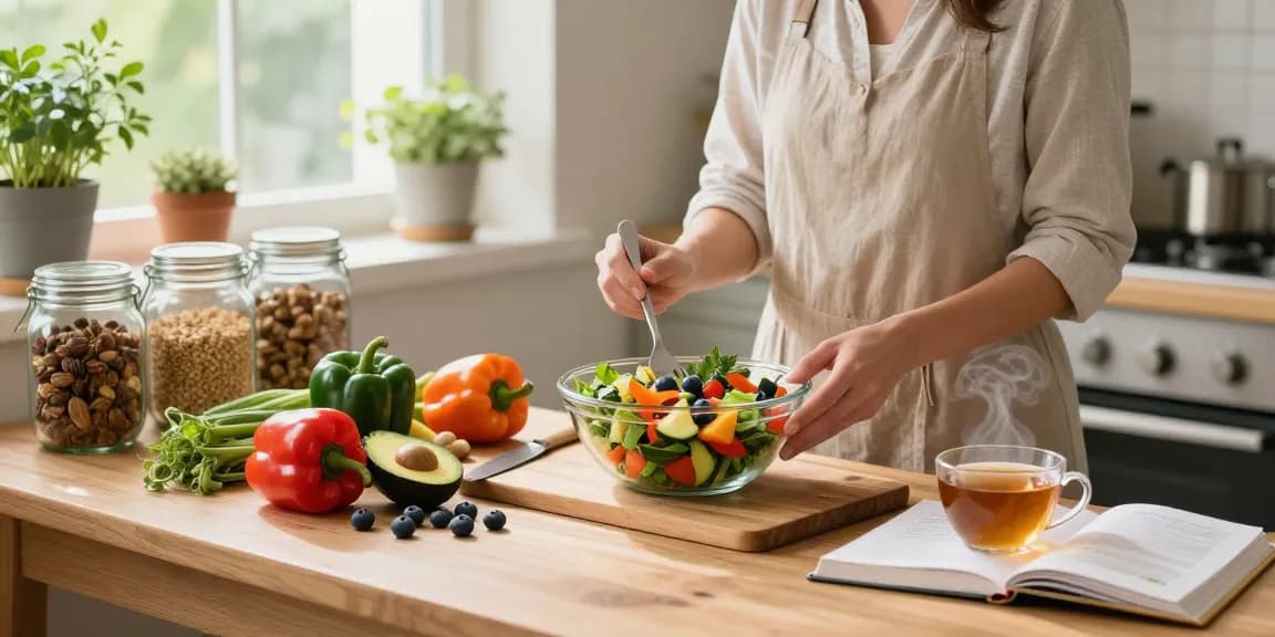 Health tips for nutritious meal prep with vibrant ingredients and a calm atmosphere.