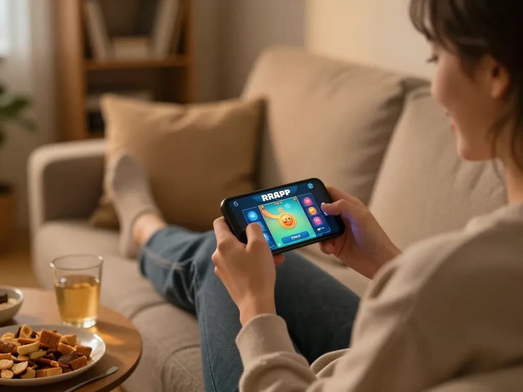 Experience gaming excitement with the RR88 App on a smartphone in a cozy home setting.